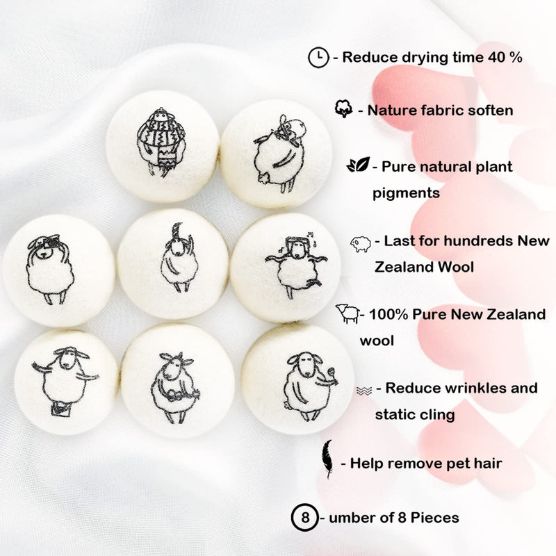 Wool Dryer Balls, 8PCS Dryer Balls with Happy Sheep - Natural & Organic, 100% New Zealand Wool Handmade, Chemical-Free Reusable Laundry Balls, Anti-Static Reduce Wrinkles and Save Time White