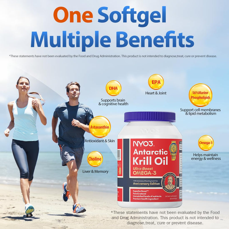 NYO3 Krill Oil Omega 3 Supplement 1000mg 60 Softgels EPA & DHA, Pure Antarctic Krill Oil with Astaxanthin and 56% Phospholipids Third Party Tested 60 count (Pack of 1)