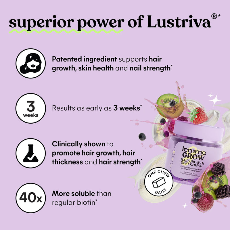 Lemme Grow Hair Growth Booster Soft Chews w/Vitamins, 30-Day Supply | Vitamins for Women and Men with Clinically Studied Lustriva and Biotin, Promotes Thicker, Fuller, Stronger Hair, Mixed Berry