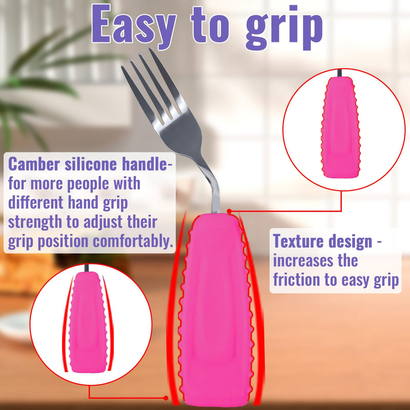 [Australia] - Adaptive Weighted Utensils Set – Spoon and Fork for Hand Tremors, Parkinson’s, Elderly, and Arthritis – Adaptive Eating Utensils for Weak Grip and Limited Mobility Right Hand - 1 Set Pink Front Tilted Spoon and Fork 