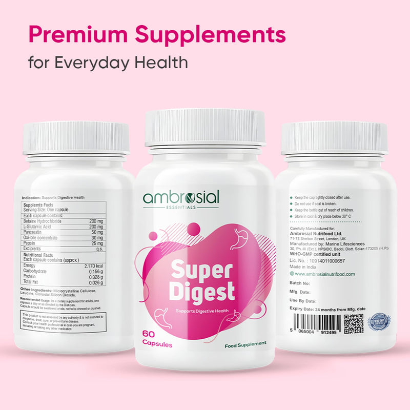 Ambrosial Super Digest – Advanced Digestive Enzyme Supplement with Betaine HCl, Pepsin, Ox Bile & L-Glutamic Acid – Gut Health & Nutrient Absorption Support – GMP-Certified, 60 Capsules (2 Months)