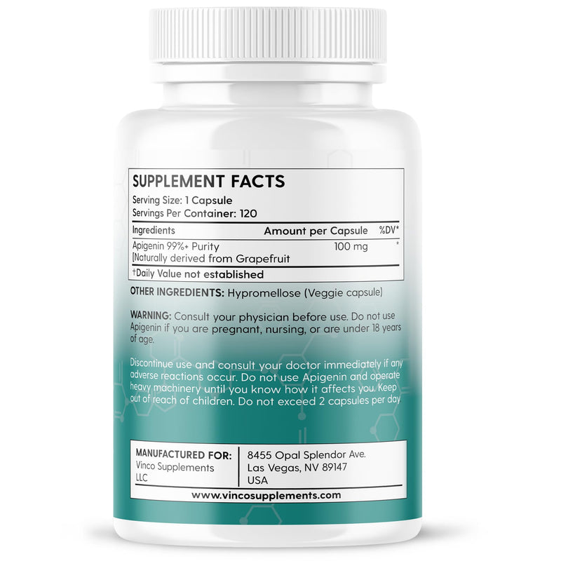 Vinco Apigenin 100mg Supplement - 120 Sleep Capsules for Better Relaxation, 99%+ Pure Natural Formula - NAD Booster, Apigenin Sleep Supplements, Natural Sleep Aid for Adults - Made in the UK