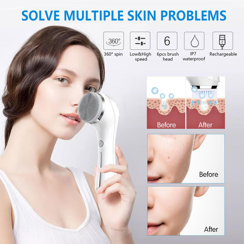 Facial Cleansing Brush, 2 in 1 Ｗaterproof IPx7 Facial Spin Scrubber Set with 4 Brush Heads, Rechargeable Exfoliating Face Brush Deep Cleansing, Gently Exfoliate and Remove Blackhead