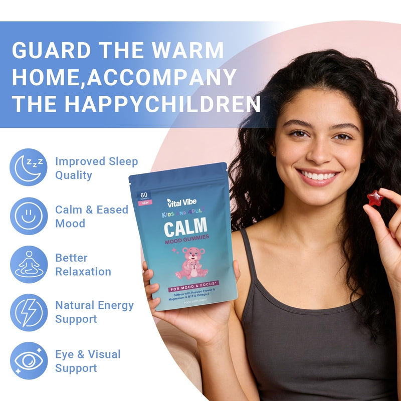 Calm Mood Gummies for Kids & Adults | Saffron, Passion Flower, Magnesium, Omega-3, B12 | Supports Mood & Focus | 60 Raspberry Flavour Gummies | Vegan & Gluten Free