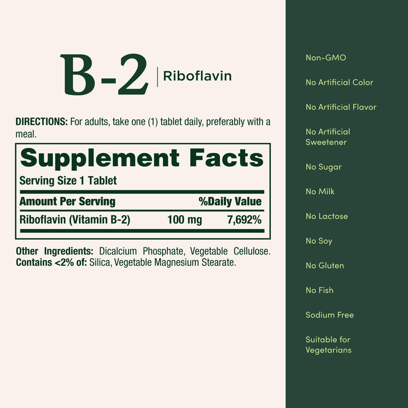 Nature's Bounty Vitamin B-2 100mg, 100 Tablets | Riboflavin Supplement, Aids Energy Metabolism, 100 Day Supply No artificial flavor 100 Count