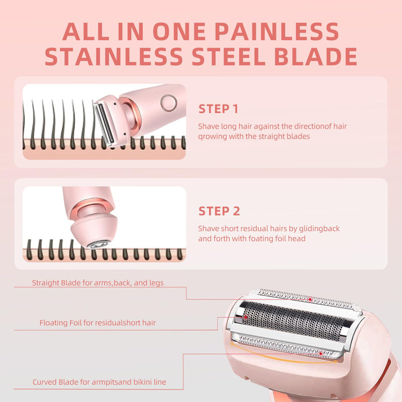 Womens Electric Shaver, 2 in 1 Razor for Women, Wet & Dry Electric Waterproof Razor with LED Display, Cordless Bikini Trimmer for Sensitive Skin, Painless Hair Removal