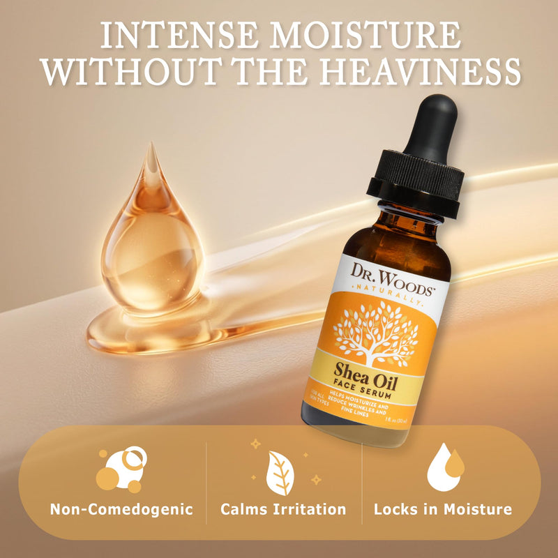 Dr. Woods Shea Serum, Face Moisturizing Serum with Shea Butter Oil - 1 oz | Vitamin A & E, Softens the Appearance of Wrinkles and Fine Lines, Brightens Skin for Men and Women, Non-Comedogenic