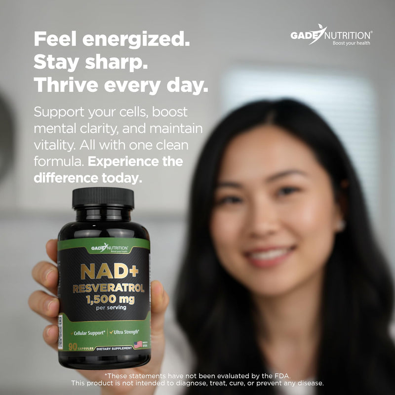 Gade Nutrition NAD Supplement with Resveratrol | Nicotinamide Plus in Capsules Made in USA | Antioxidant Healthy Aging Supplement 90 Count (Pack of 1)