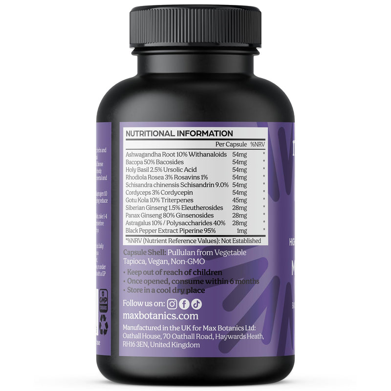 Max Adaptogen 10 Balance, Fatigue, Energy Boost & Stress Support 10-Herb Adaptogen High Strength Mushroom Blend with Ashwagandha, Rhodiola & Ginseng Natural Vegan UK Made (120 Capsules) 120 count (Pack of 1)