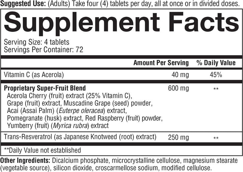 [Australia] - Youtheory Resveratrol with Acerola, 290 Count (1 Bottle) 290 Count (Pack of 1) 