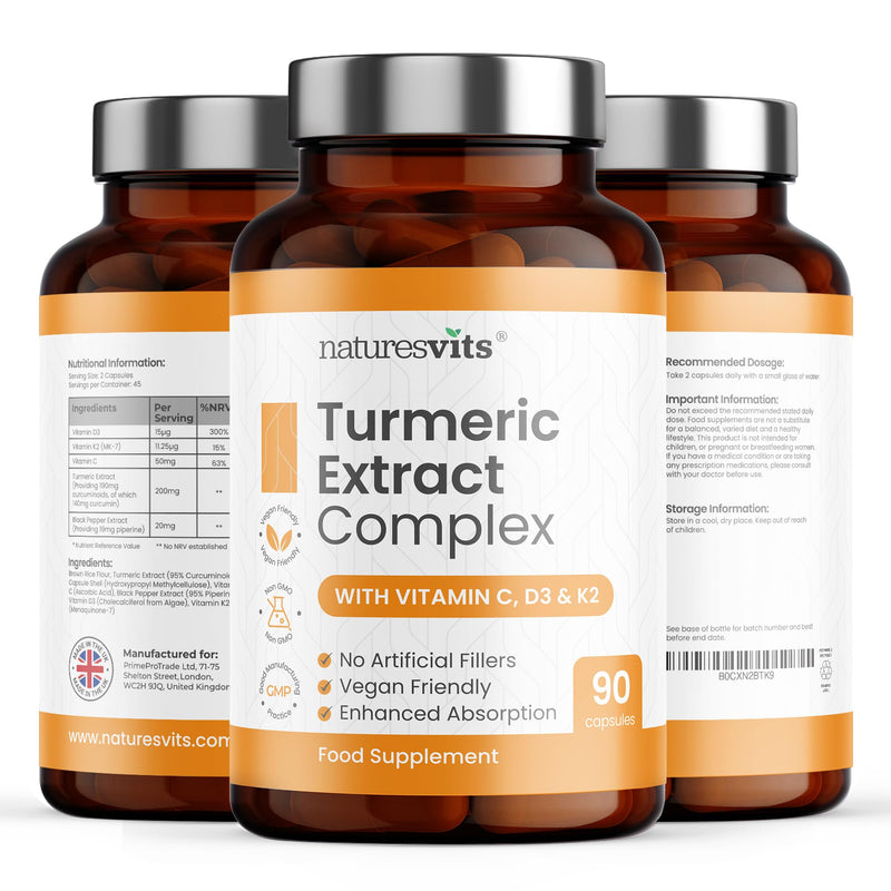 Turmeric Capsules with Black Pepper, Vitamin C, D3 and K2, 90 Count - High Strength Joint Health Supplement for Adults with Active Curcumin Extract Powder - A Natural Herbal Anti Inflammator