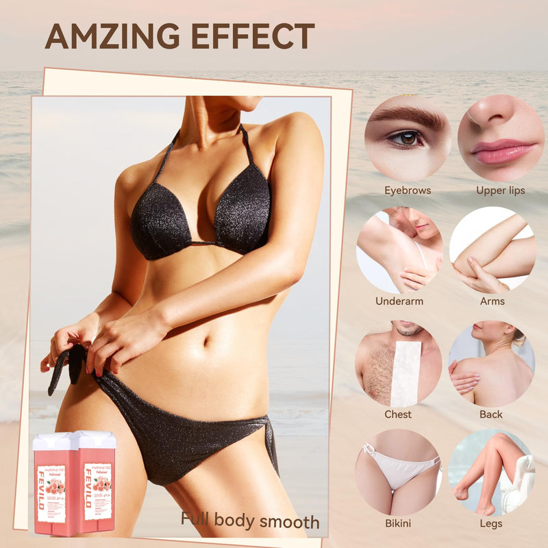 [Australia] - Hair Removal Kit for Hair Removal for Women and Men with Strip, Roll On Wax Kit with 2 Rose Soft Wax Cartridge & 100 Non-Woven Wax Strips, at Home Waxing Kit for Women, Soft, Pink 