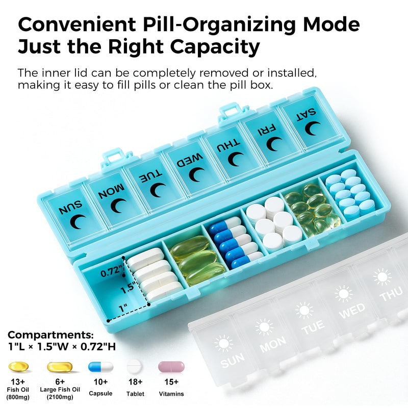 Foldable Pill Organizer Weekly 2 Times a Day, 7 Day Portable AM PM Travel Pill Case with Black&White Labels, Dual-Protection Daily Medicine Box, Large Pill Container for Vitamin/Supplement-Blue Blue