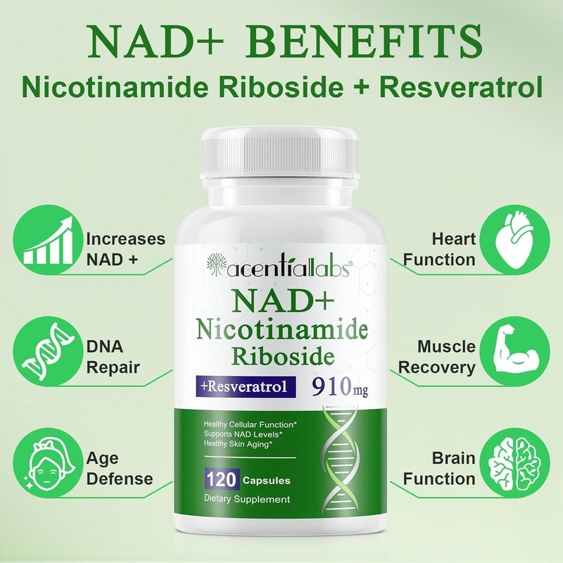 NAD+ Supplements with 910mg Plant-Based Formula NAD Support with Nicotinamide Riboside & Resveratrol, 120 Capsules, Supports Cellular Energy & Daily Wellness
