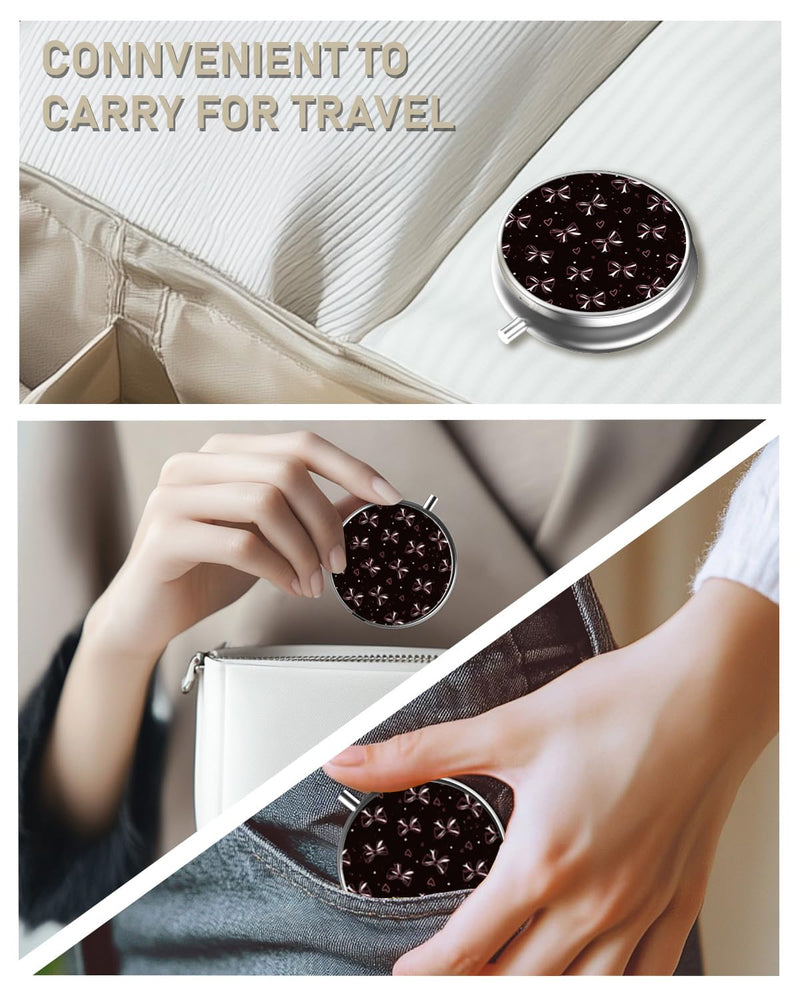 Pill Box, 3 Compartment Portable Travel Medicine Box with Mirror | Compact and Cute, Fits in Purse and Pocket, Medicine and Vitamin Organizer, Love Bow