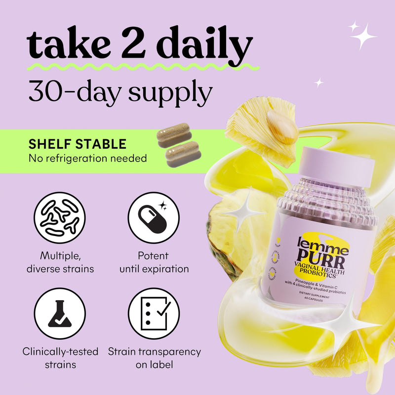 [Australia] - Lemme Purr Vaginal Probiotics for Women - Promotes pH Balance, Healthy Vaginal Odor & Urinary Tract Health w/Lactobacillus Blend, Clinically Tested Strains, Pineapple & Vitamin C - 60 Veggie Capsules 