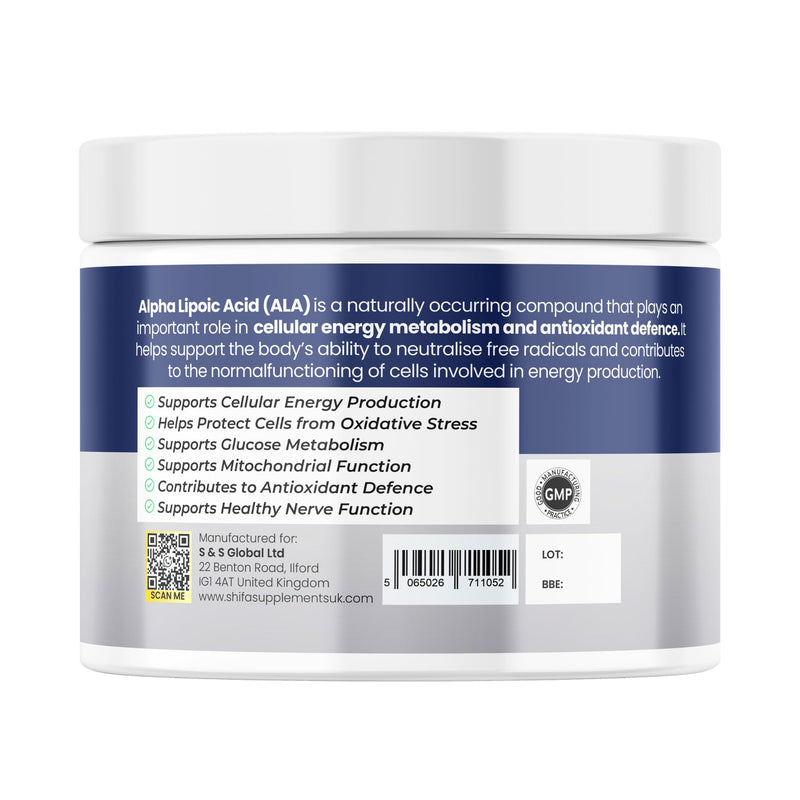 Alpha Lipoic Acid Powder 100g | 1000mg Per Serving | High Purity ALA | Antioxidant & Energy Support | Vegan | Halal Certified | Non GMO | GMP Manufactured