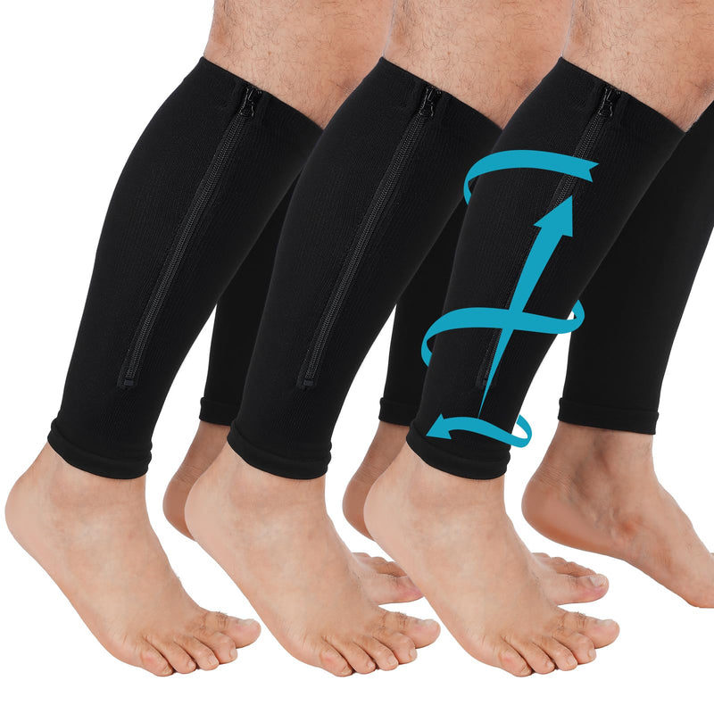 3 Pairs Calf Compression Sleeve with Zipper 20-30mmhg Leg Compression Sleeve Calf Brace Zipper Socks No Foot Sleeves for Men Women Support Running Shin Splints