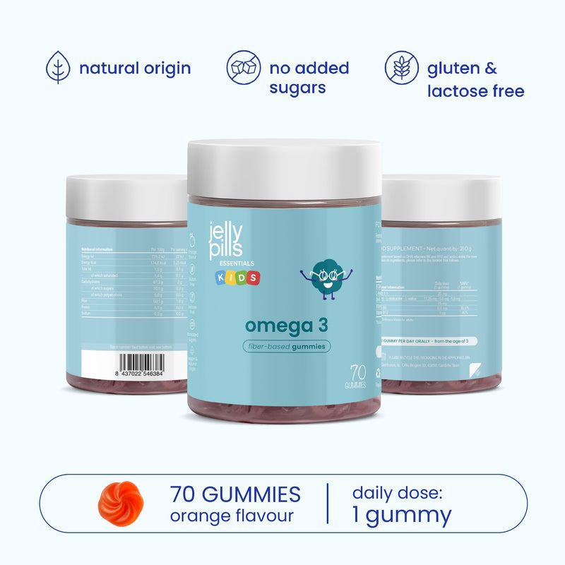 Jelly Pills Omega 3 Gummies for Kids with DHA from Microalgae - 70 Gummies 2-Month Course - No Added Sugar - Orange Flavour - Brain, Concentration & Vision Support