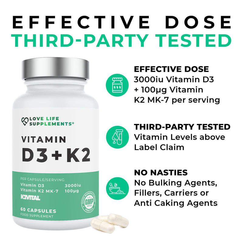 Vitamin D3 K2 and MCT Powder for Superior Absorption | Includes K2VITAL® MK-7 - A Premium Form of K2 | 60 Capsules | 3000iu D3 + 100μg K2 | Love Life Supplements - Premium UK Supplements