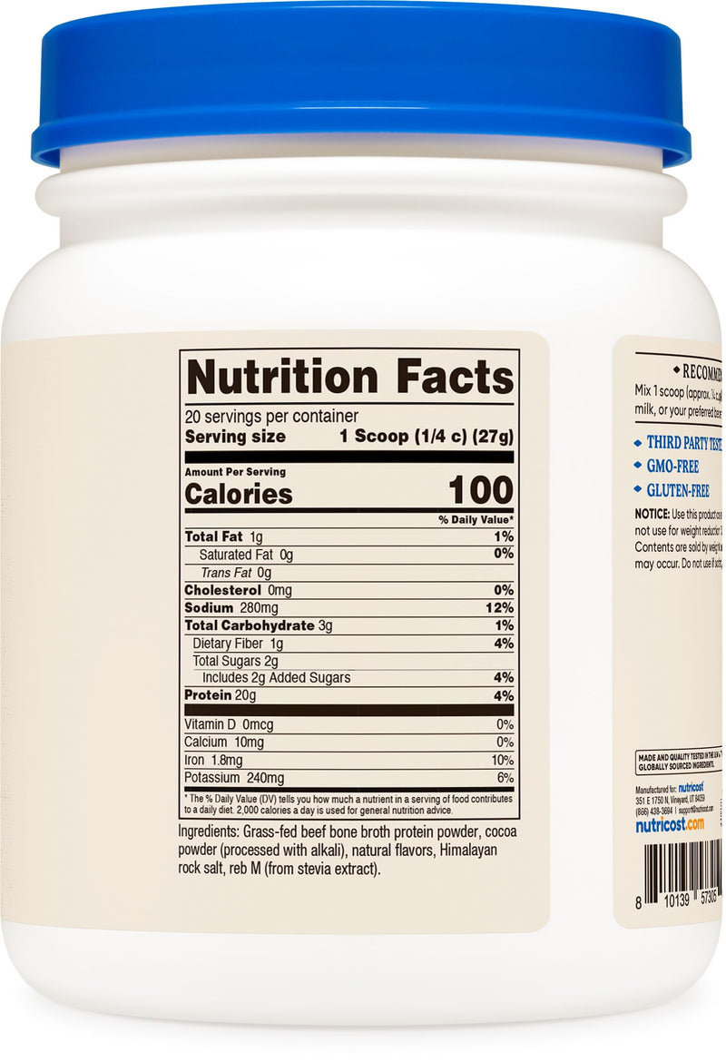 [Australia] - Nutricost Beef Bone Broth Protein Powder Chocolate (20 Servings) - Gluten-Free, GMO-Free 