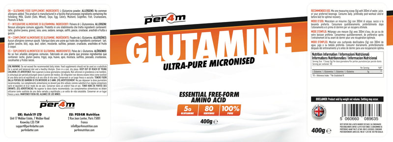 Per4m Ultra-Pure Micronised Glutamine | 5g L-Glutamine Essential Free Form Amino Acid | Supports Muscle Repair, Gut Health & Immunity | 80 Servings | 400g
