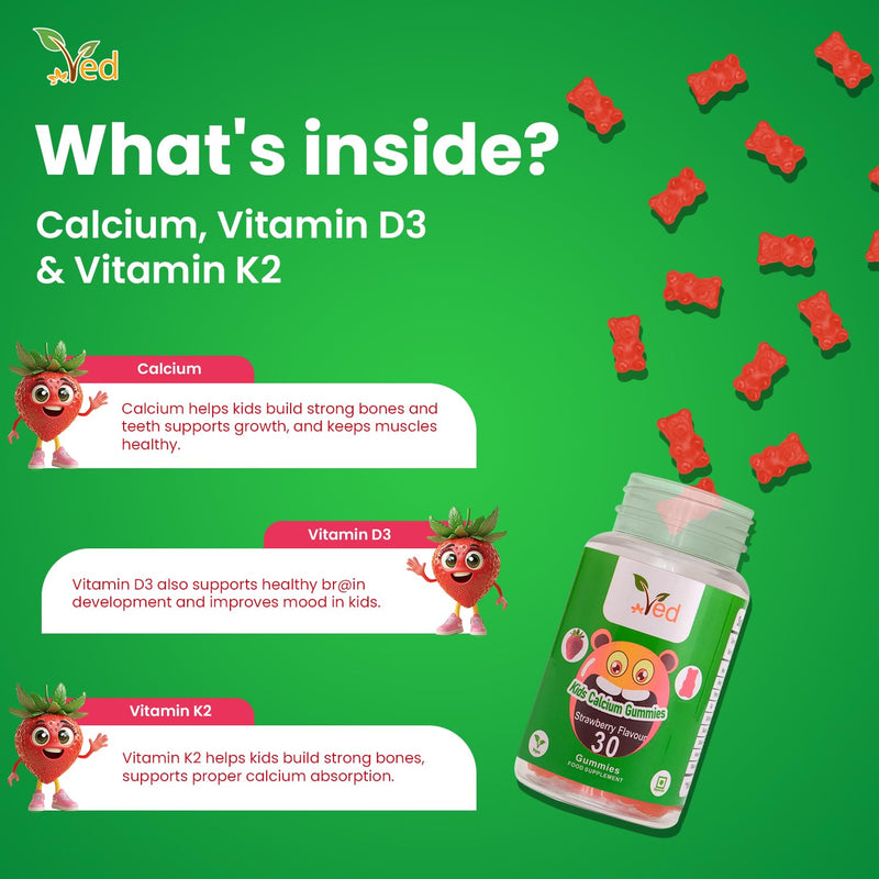 VED Calcium Gummies for Kids,15 Day Supply, Natural Strawberry Flavour, 30 Chewable Vegan, Vegetarian Friendly, Energy & Immune System, GMO & Gluten Free. Kids Calcium Gummies