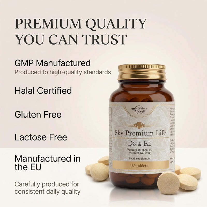 Sky Premium Life Vitamin D3 2200 IU (55µg) with Vitamin K2 MK7 (45µg) – Immune System, Bones, Teeth & Muscle Support – 1-A-Day Easy Swallow Tablets – 60 Tablets (2 Month Supply) – Halal & GMP Quality 60 count (Pack of 1)