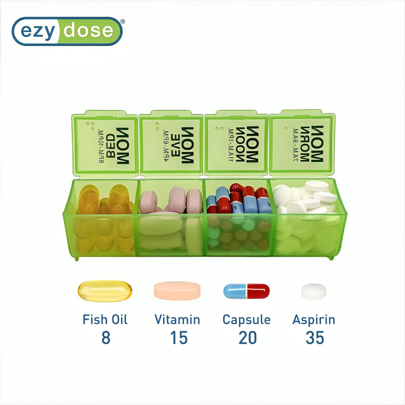 EZY DOSE Weekly (7-Day) Pill Case, Medicine Planner, Vitamin Organizer, Large Pop-Out Compartments, 4 Times a Day, Convenient and Easy to Use, Color May Vary, BPA Free