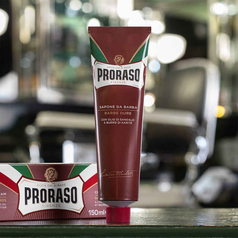 [Australia] - Proraso Shaving Cream Tube for Thick Beards, 150 ml, Intensively Nourishing & Moisturizing Shaving Soap for Men, with Sandalwood and Shea Butter, Made in Italy, Red 