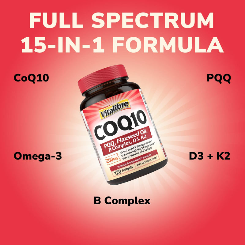 Vitalibre CoQ10 200mg, Ubiquinone with PQQ, Folate, Niacin, K2, D3, Black Pepper, High Absorption, Powerful Antioxidant, Energy Booster, Immune & Bone Support, 120 Softgels, 4 Month Supply