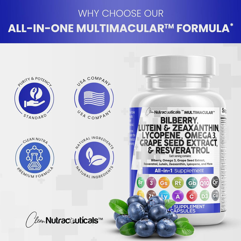 [Australia] - Eye Health Vitamins with Bilberry 6000mg Lutein & Zeaxanthin 40mg Lycopene 40mg Resveratrol 3000mg Grape Seed Extract 6000mg Omega 3 4000mg Astaxanthin - Eye Vitamin - 60 Capsules 