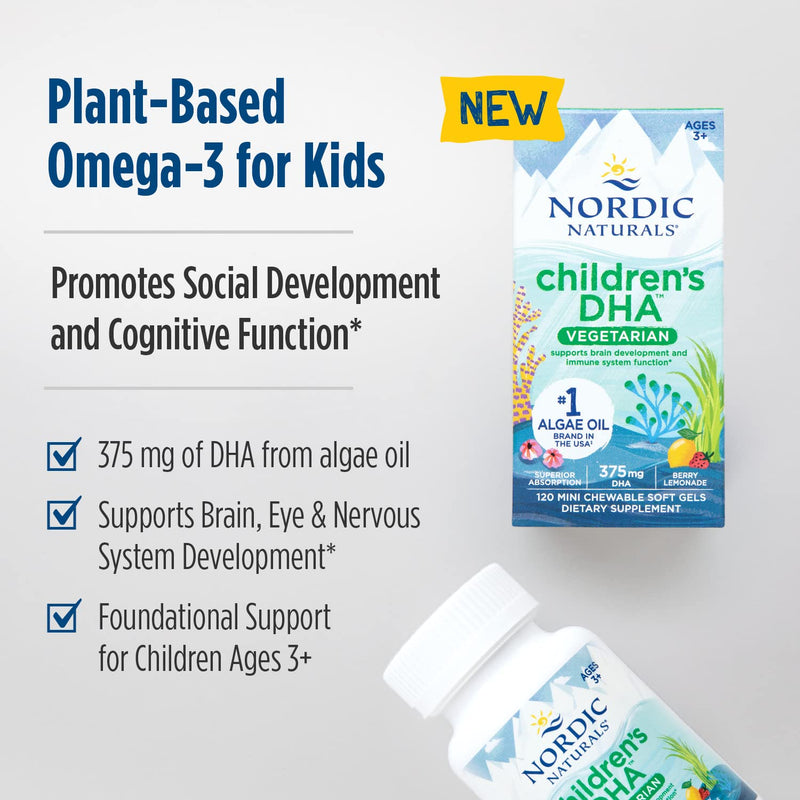 [Australia] - Nordic Naturals Children's DHA Vegetarian - Kids DHA Omega-3 Supplement -Algae Oil - Berry Lemonade Mini Chewables - Plant-Based Formula for Ages 3+ - 120 Soft Gels - 40 Servings 