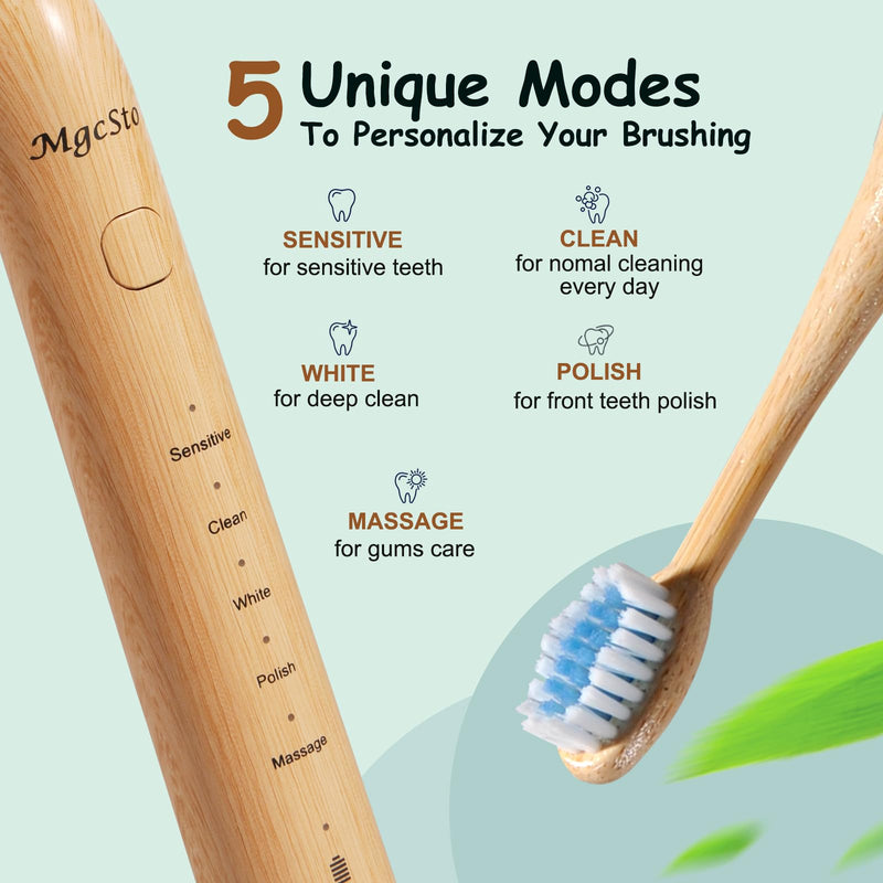 [Australia] - Sonic Electric Bamboo Toothbrush for Adults -5 Adjustable Cleaning Modes -Includes 2 Bamboo Heads with Castor Oil Bristles - Upgraded IPX7 Waterprood -Convenient Charging & Travel Case 