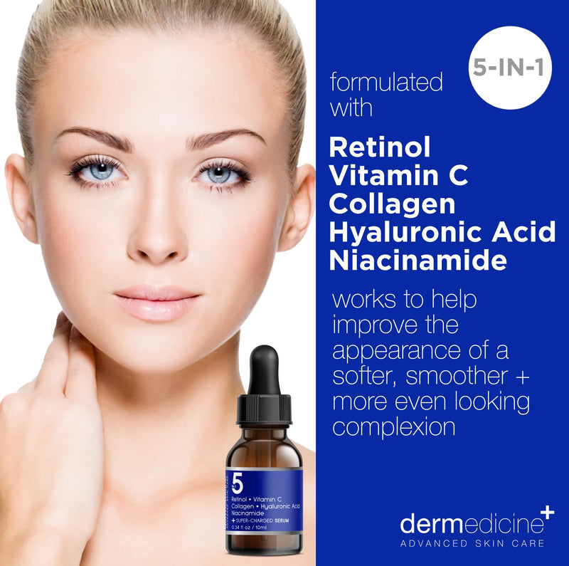 5 in 1 Face Serum with Retinol, Vitamin C, Collagen, Trial Size, 10 ml | Also with hyaluronic acid and niacinamide, may help improve the appearance of fine lines and dark spots 0.33 Fl Oz (Pack of 1)