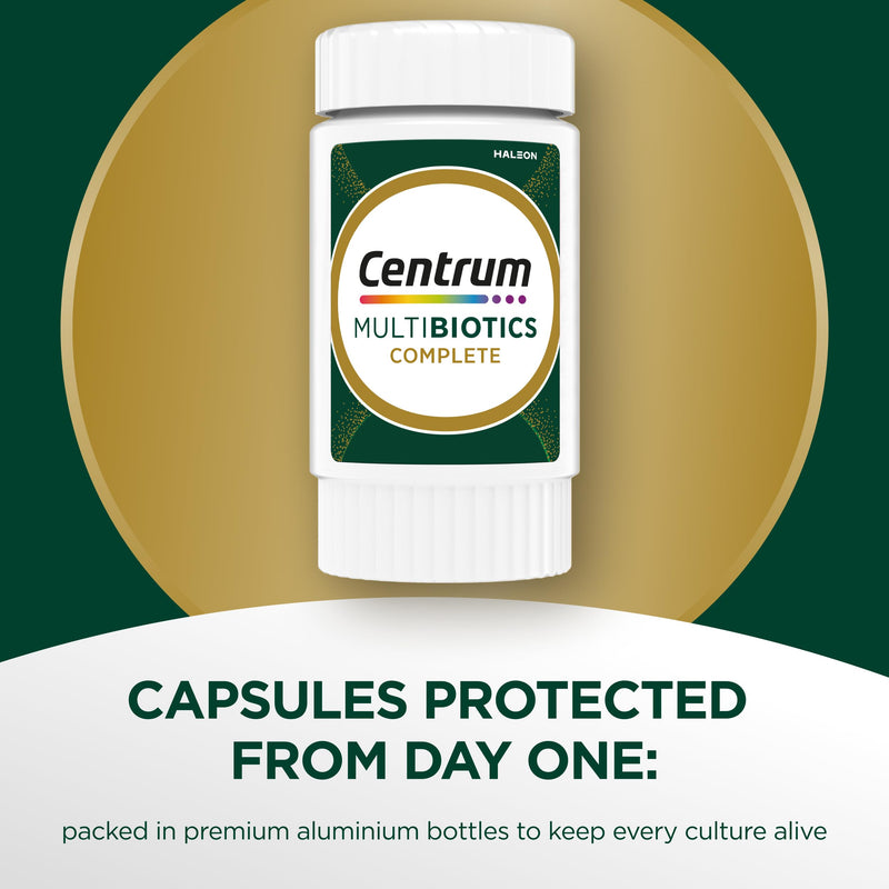 Centrum Multibiotics Complete Capsules, probiotic 18 Live Culture strains with multivitamin, 18 Essential Vitamins and Minerals Including Vitamin D, B12, Zinc and Iodine, 30 Capsules