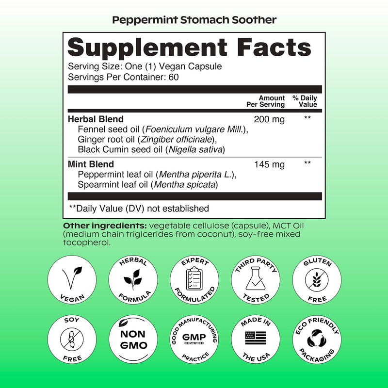 [Australia] - wholier Peppermint Oil, Ginger Root Oil for Bloating Relief, Nausea Relief, Upset Stomach Relief + Gut Health. Daily Herbal Supplement. Peppermint Stomach Soother. (60 Vegan Capsules) Glass Bottle 