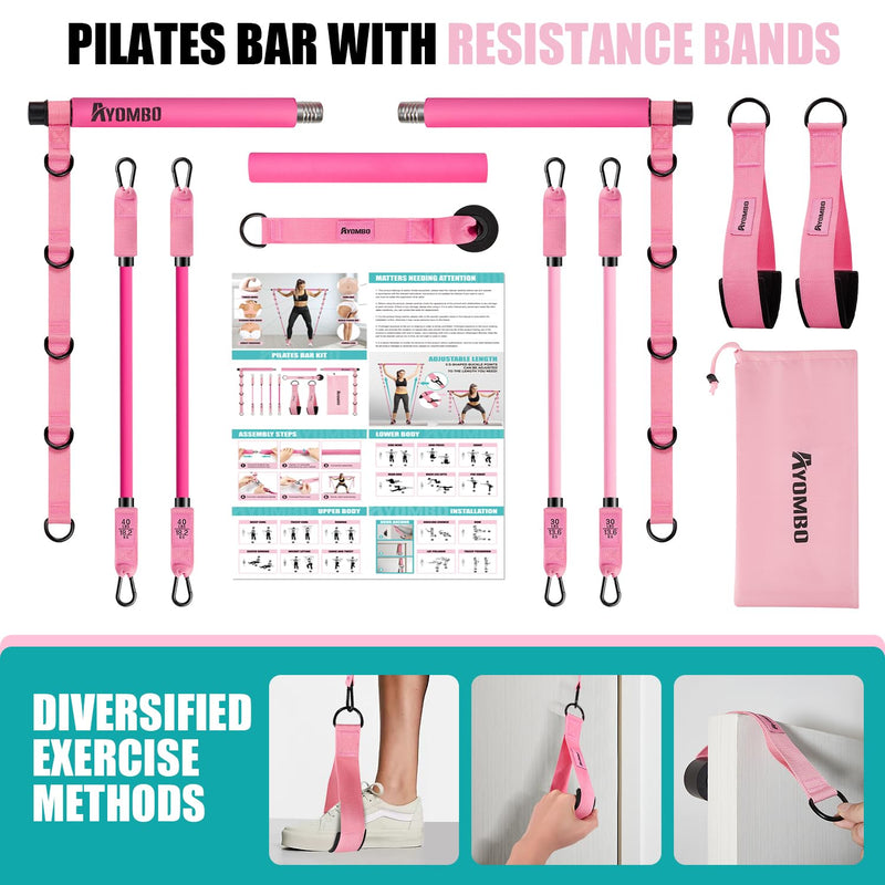 [Australia] - Pilates Bar Kit with Resistance Bands, Pilates Workout Equipment for Legs, Hip, Waist, Arm, Squats Exercise Equipment for Home Workouts, Adjustable 3-Section Pilates Bar Kit for Women & Men 1-Pink New-140LBS 