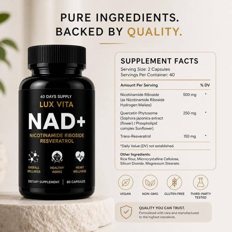 LuxVita NAD+ Supplement | 500mg Nicotinamide Riboside (NR) with Quercetin Phytosome & Trans-Resveratrol | NAD Supplements UK | Cellular Energy, DNA Repair & Healthy Ageing | 80 Vegan Capsules