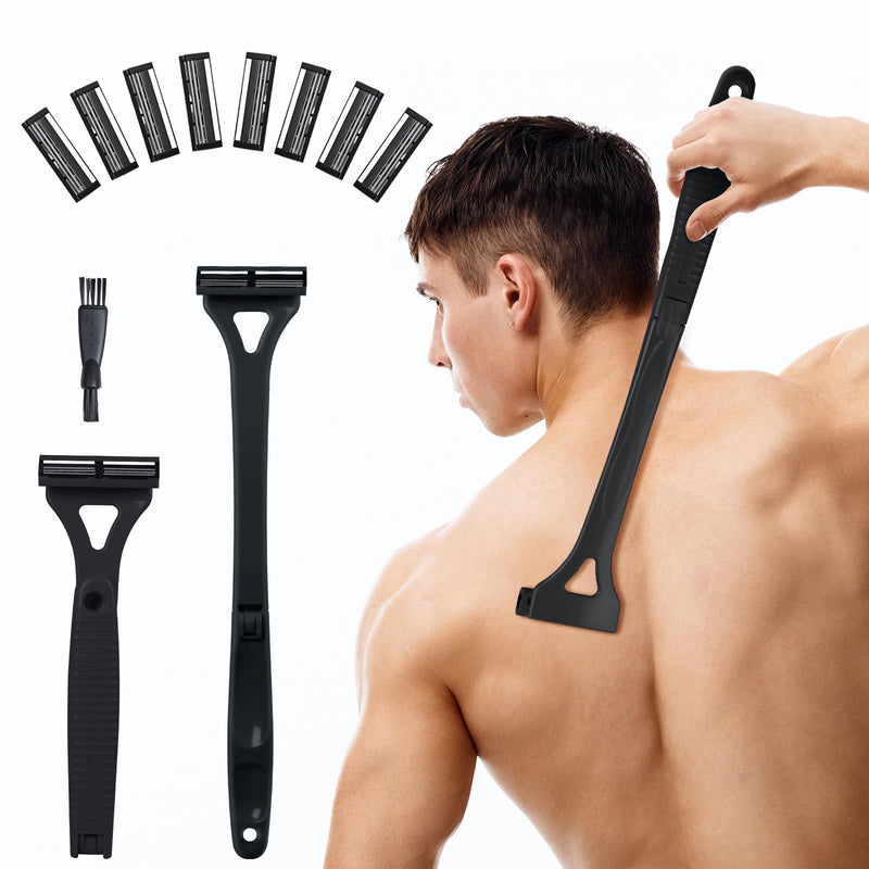 Back Shavers for Men with Foldable Long Ergonomic Handle: DIY Hair Shaver, Replaceable Safety Blade & Portable Razor Groomer for Men, Wet & Dry Shaving-Black (8PCS Blades Included) Black