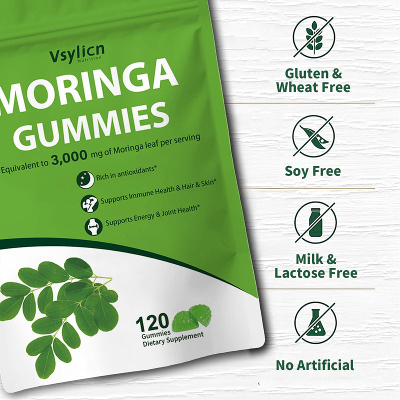 120 Moringa Gummies 3000mg | High Strength Moringa Leaf Extract | Antioxidant Supplement with Stevia | Immune Support, Energy, Hair, Skin & Joint Health | Cortisol Reducing Supplements