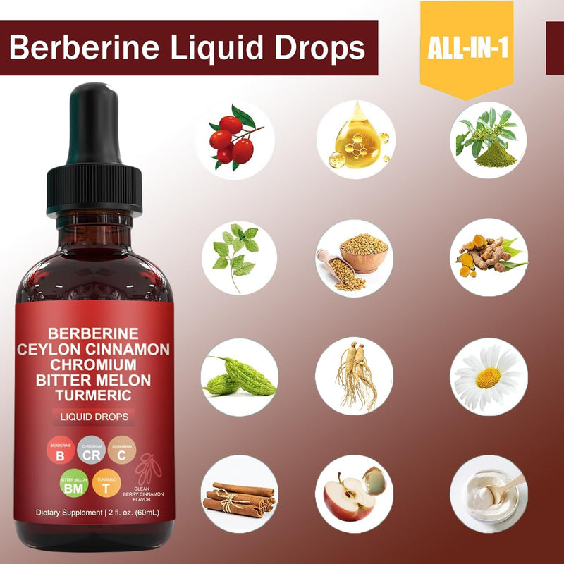 [Australia] - Berberine with Ceylon Cinnamon Supplement Liquid Drops + Bitter Melon Extract, Glucomannan, Gymnema, Chromium, Turmeric, Panax Ginseng, Moringa- 4 OZ 4.0 Fl Oz (Pack of 2) 