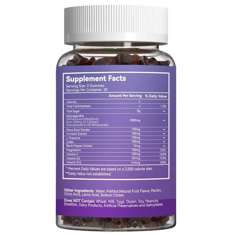 Ashwagandha Gummies 3000mg - 60 Count (30-Day Supply) for Stress Relief | Immune Support Ashwagandha Supplements with Maca, L-Theanine, GABA, Turmeric - Mixed Berry Flavor 60 Count (Pack of 1)