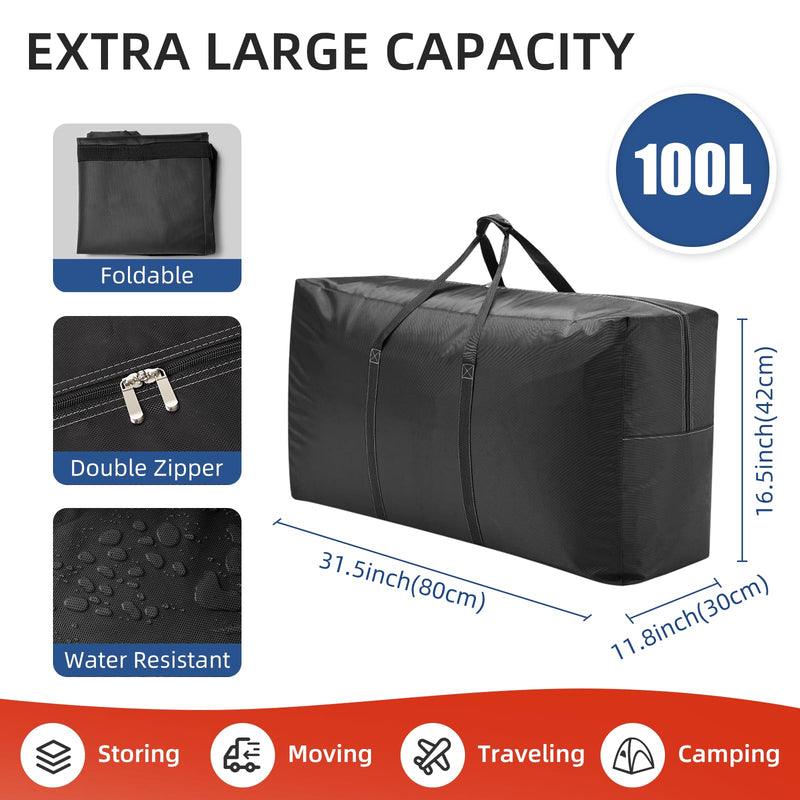 Extra Large travel duffel bag with Strong Handles, 100L Waterproof duffel bag, Durable Zippers, Extra Large Storage Totes for Space Saving and Moving Supplies, Black M - 31.5″× 11.8″× 16.5″