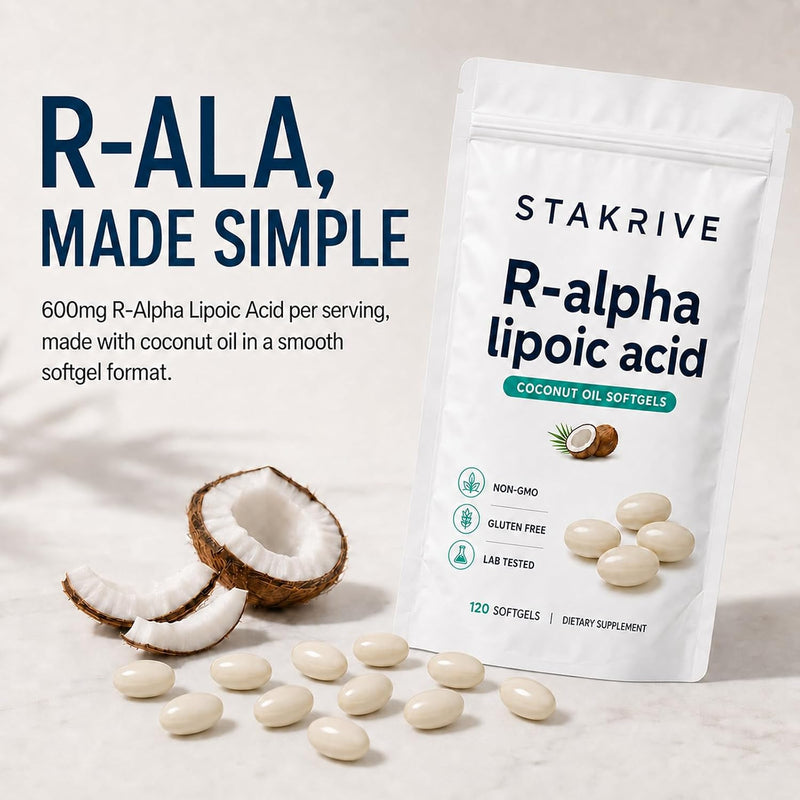 R-Alpha Lipoic Acid 600mg, 120 Softgels, R-ALA Supplement with Coconut Oil, High Bioavailability Antioxidant Support, GMO Free, Gluten Free, Daily Cellular Energy Support