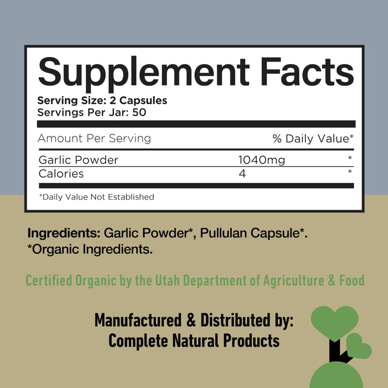 [Australia] - Complete Natural Products Organic Garlic Capsules - 520mg Capsules 100 Count Vegetarian Pills Supplement, Garlic Powder Capsules & Extract 