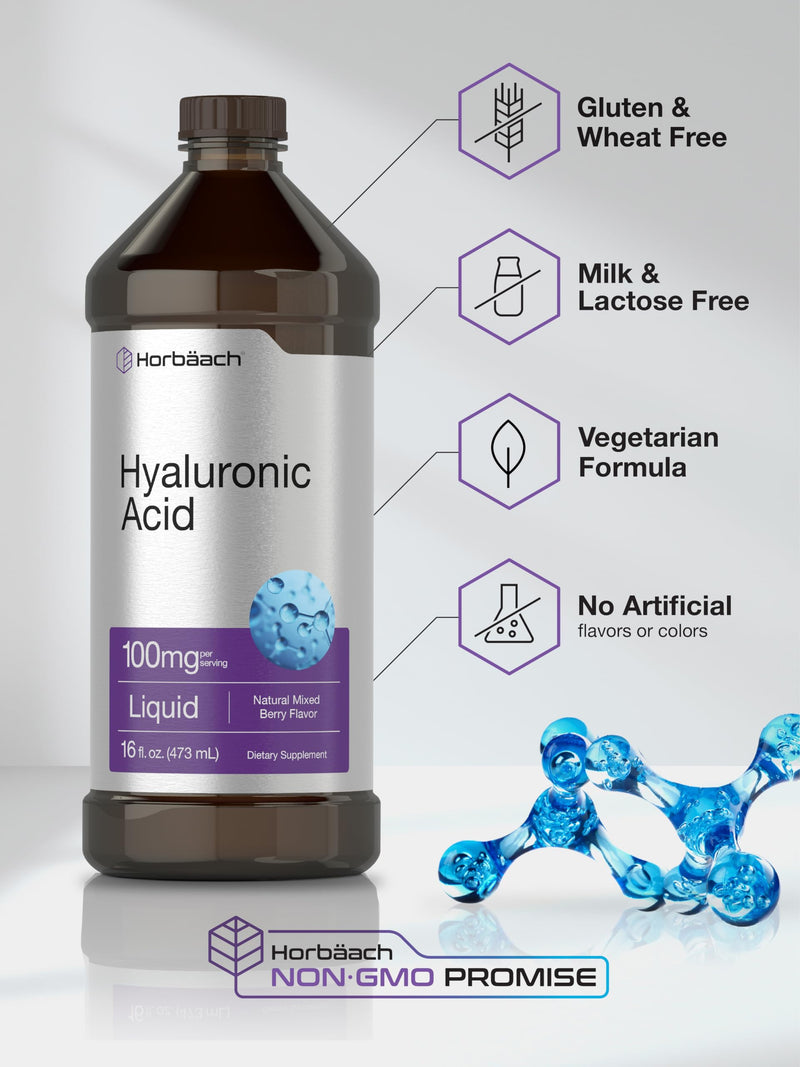 Horbäach Liquid Hyaluronic Acid Supplement | 100 mg | 16 oz | Mixed Berry Flavor | Non-GMO and Gluten Free Formula