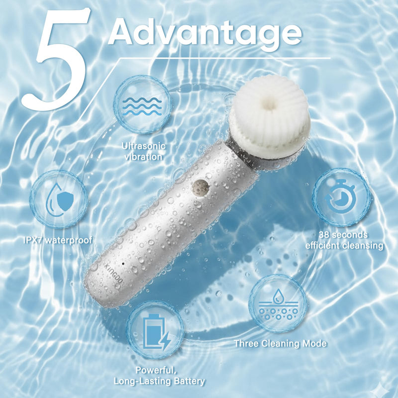 [Australia] - KINGDO Sonic Facial Cleansing Brush, Electric Face Scrubber with 3 Cleaning Modes, IPX7 Waterproof face Brushes for Cleansing with 2 Magnetic Brush Heads, Rechargeable Battery for All Skin Types 