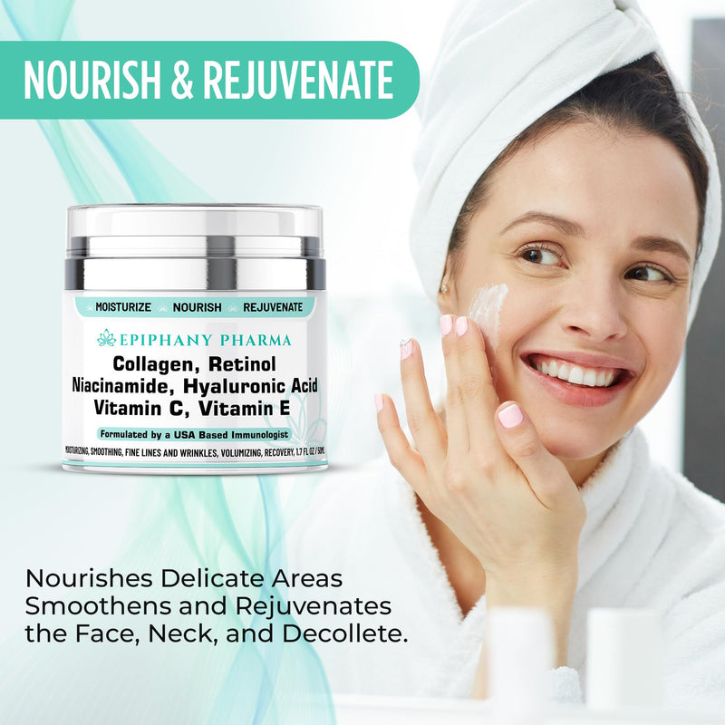 Collagen & Retinol Anti-Aging Face Cream - 24-Hour Hydration & Renewal - Anti Wrinkle Cream for Women & Men - Niacinamide, Hyaluronic Acid, Vitamin C & E - All Skin Types, 1.7 FL Oz