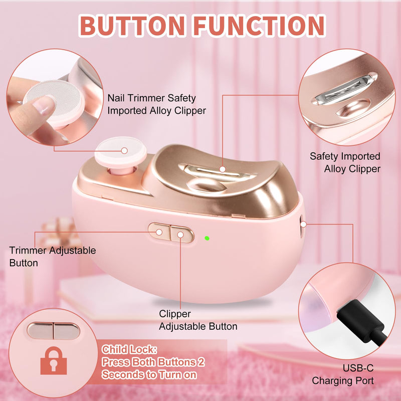 [Australia] - Electric Nail Clipper & Baby Nail Trimmer Polisher 3 in 1 (Not for Toenail) with Nail Scraps Storage, LED Light, 2 Speeds, Rechargeable Fingernail Clipper for Baby, Adults, Seniors, Pink Whitpink 